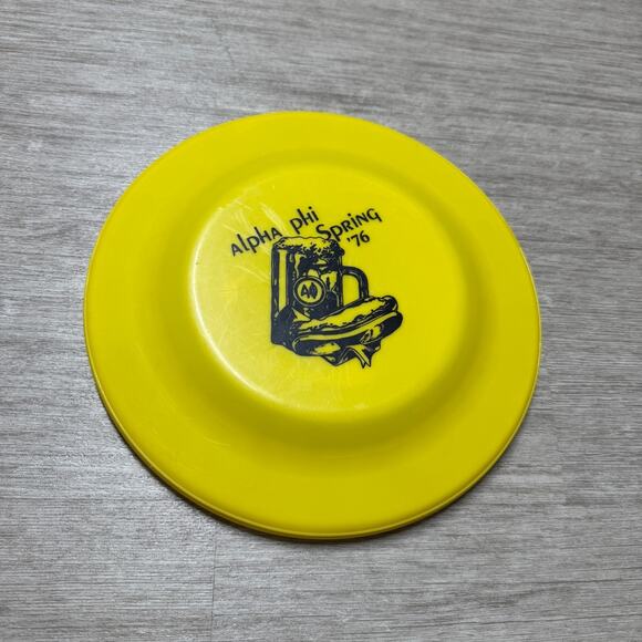 Vintage 1976 70s Alpha Phi Humphrey Flyer Frisbee Disc Golf Yellow 9" Fraternity - Picture 1 of 5